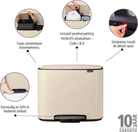 Brabantia Bo Prullenbak - 11 + 23 liter - Afvalscheiding - Soft Beige