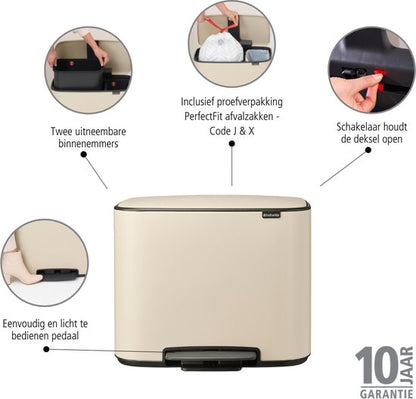 Brabantia Bo Prullenbak - 11 + 23 liter - Afvalscheiding - Soft Beige