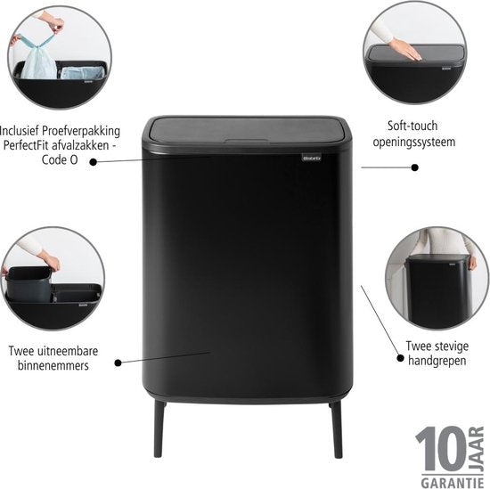Brabantia Bo Touch Bin Hi Prullenbak - 2 x 30 liter - Afvalscheiding - Matt Black